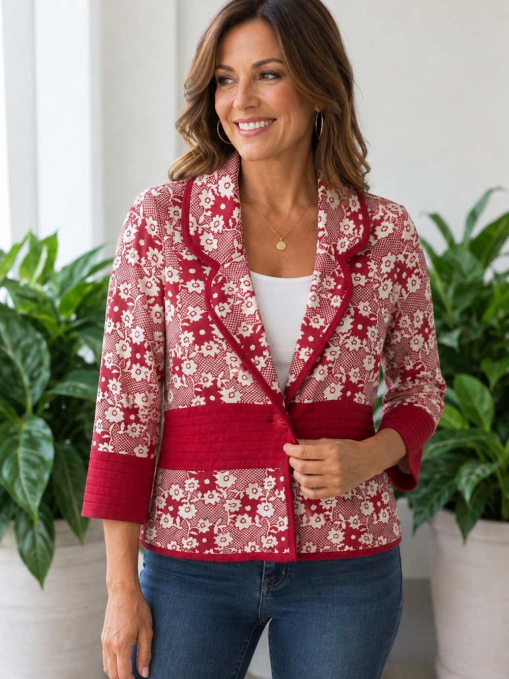 Anthropologie Moth Vintage Red & Tan Floral Knit Cardigan Sweater Jacket Small